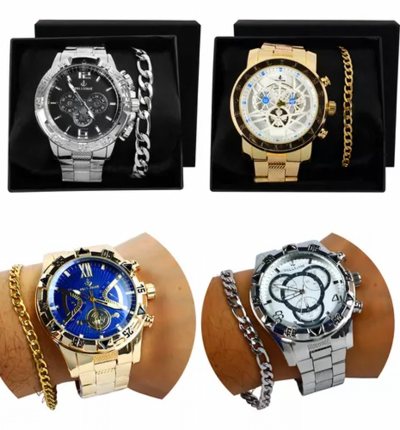 Kit 4 Relógio Masculino Grande Pulseira Caixa Atacado Cor da correia Dourado/Prata +15 Kits Disponíveis.