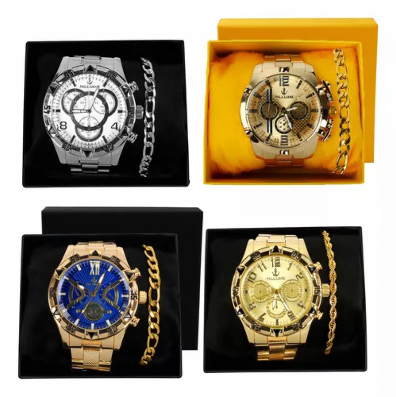Kit 4 Relógio Masculino Grande Pulseira Caixa Atacado Cor da correia Dourado/Prata +15 Kits Disponíveis.