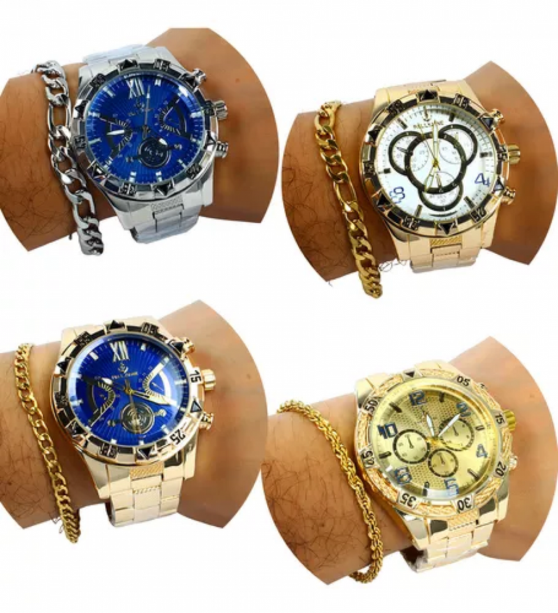 Kit 4 Relógio Masculino Grande Pulseira Caixa Atacado Cor da correia Dourado/Prata +15 Kits Disponíveis.