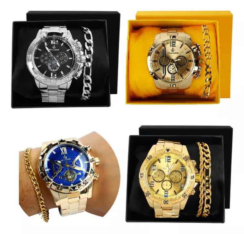 Kit 4 Relógio Masculino Grande Pulseira Caixa Atacado Cor da correia Dourado/Prata +15 Kits Disponíveis.