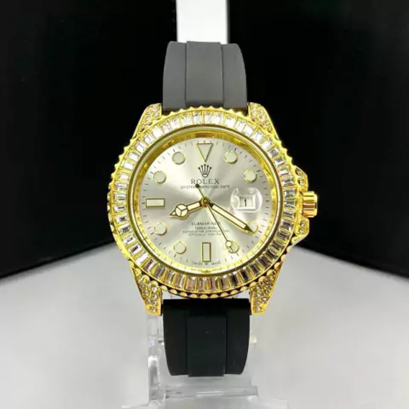 Submariner Cravejado com pedras de zircônia - dourado, preto, prata e branco - Pulseira de borracha - À PROVA D'ÁGUA- Co