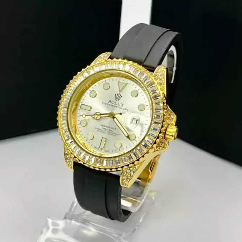 Submariner Cravejado com pedras de zircônia - dourado, preto, prata e branco - Pulseira de borracha - À PROVA D'ÁGUA- Co