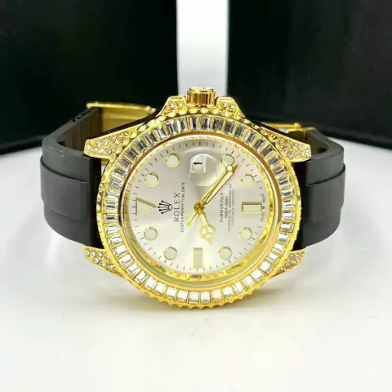 Submariner Cravejado com pedras de zircônia - dourado, preto, prata e branco - Pulseira de borracha - À PROVA D'ÁGUA- Co